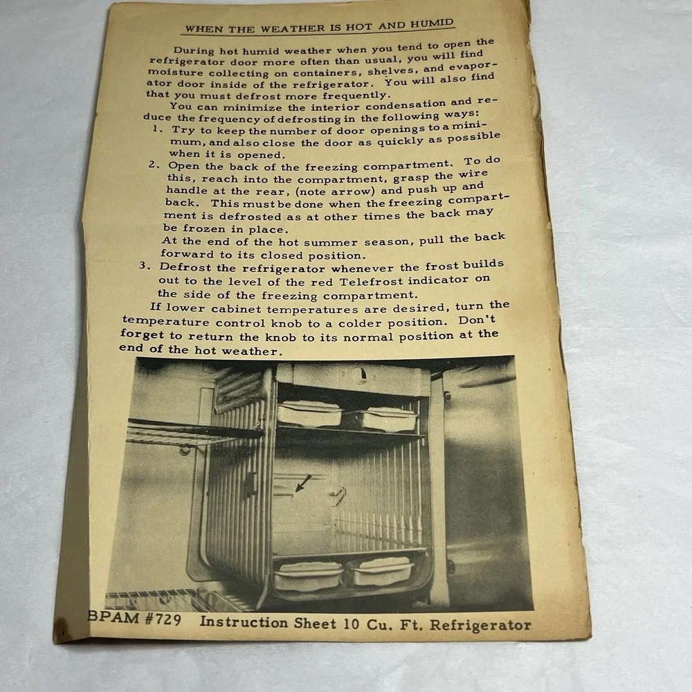 1950 Vintage Refrigerator Instruction‎ Manual Ice Box BPAM #729 10 Cu. Ft.